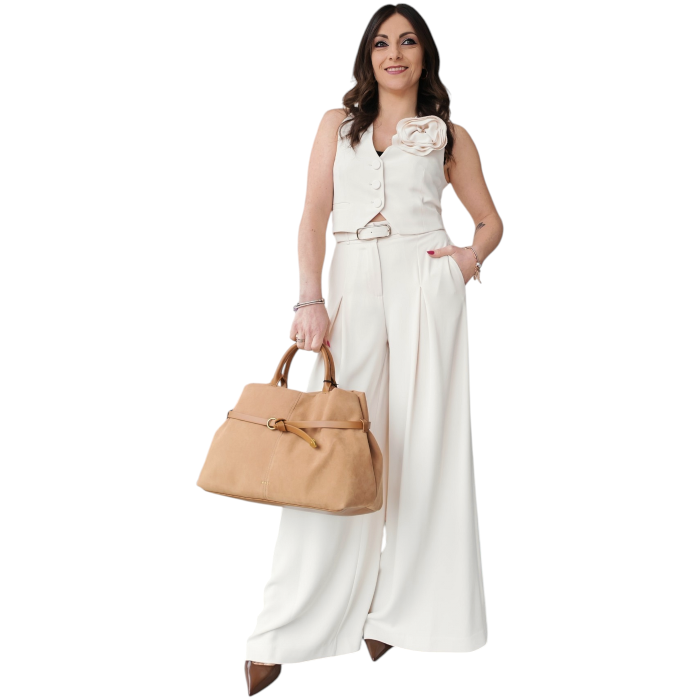Completo donna IMPERIAL gilet con spilla fiore pantalone ampio pinces e cintura