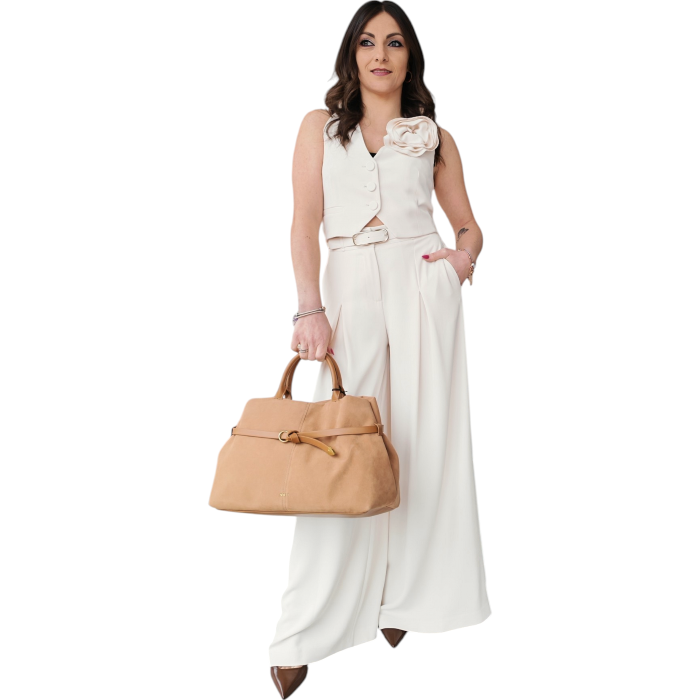Completo donna IMPERIAL gilet con spilla fiore pantalone ampio pinces e cintura