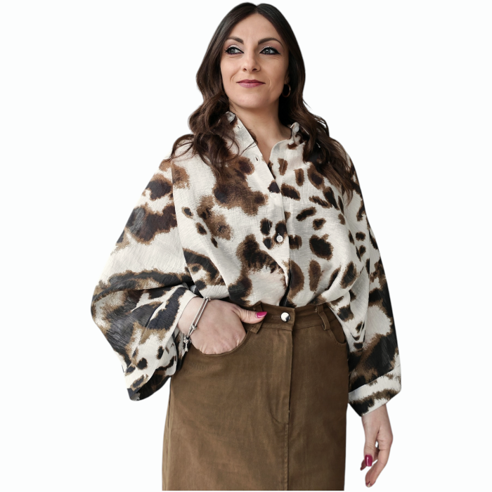 Camicia donna IMPERIAL misto lino ampia stampa animalier collo classico