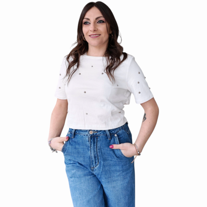 T-shirt donna GIANNI LUPO crop borchie spalline e retro doppio tessuto con lacci 