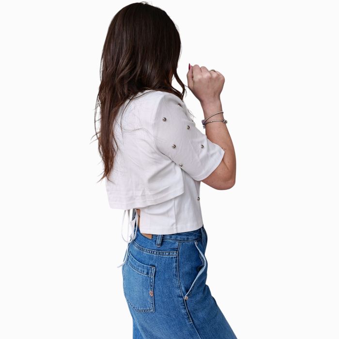 T-shirt donna GIANNI LUPO crop borchie spalline e retro doppio tessuto con lacci 