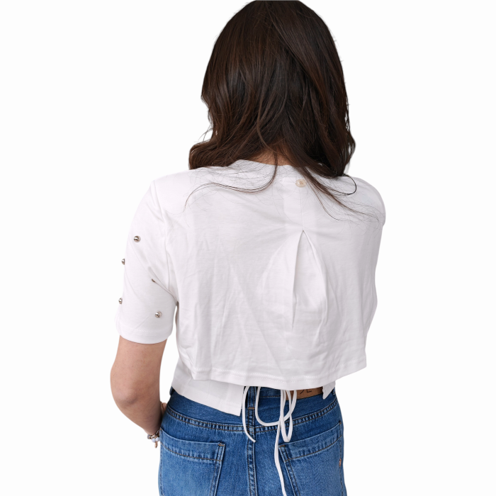 T-shirt donna GIANNI LUPO crop borchie spalline e retro doppio tessuto con lacci 