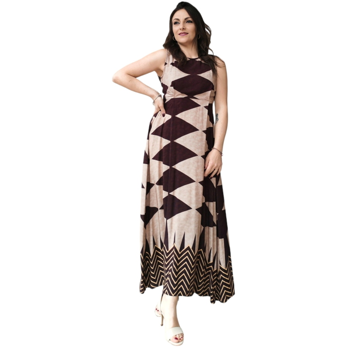 Abito donna 22.01 lungo fantasia geometrica 100% viscosa smanicato scollo tondo