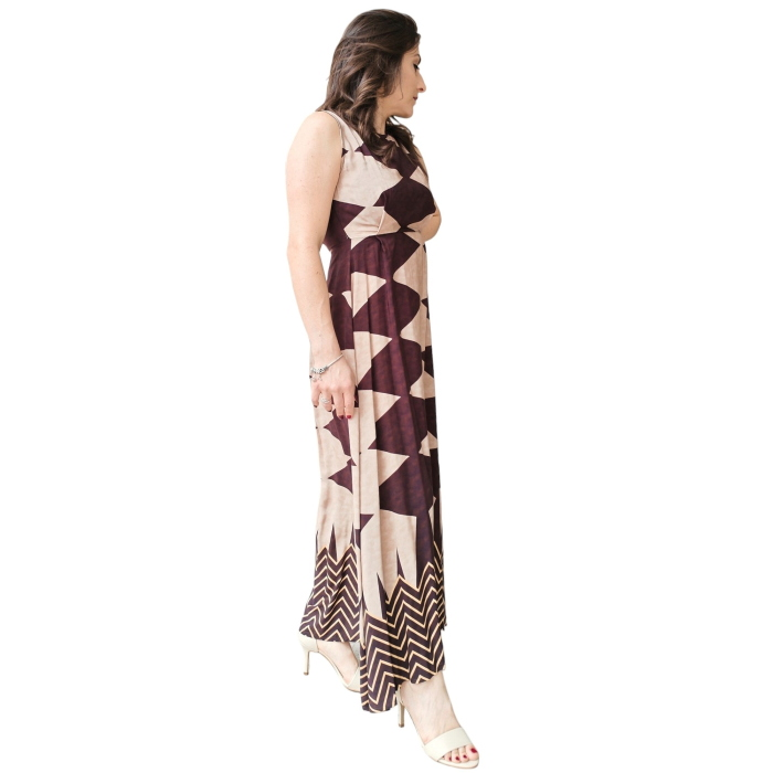 Abito donna 22.01 lungo fantasia geometrica 100% viscosa smanicato scollo tondo