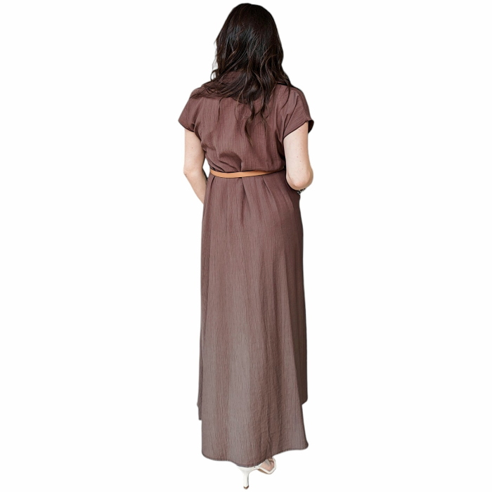 Abito donna BERNA lungo misto viscosa tessuto crespo manica corta cintura scollo V