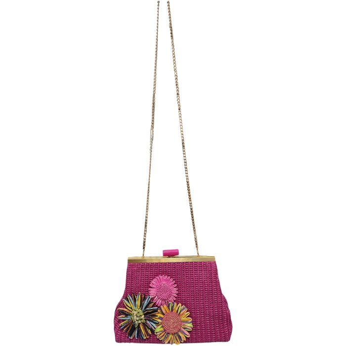 Pochette donna NALI' mod. Marbella in paglia fiori applicati e catenina staccabile