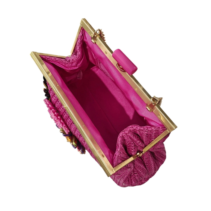 Pochette donna NALI' mod. Marbella in paglia fiori applicati e catenina staccabile