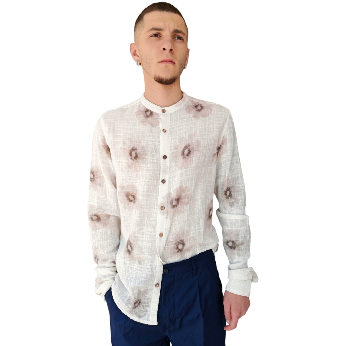 Camicia uomo IMPERIAL 100% cotone effetto lino collo koreano fantasia floreale