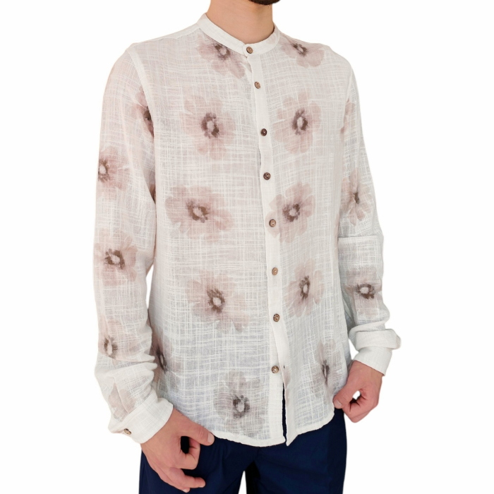 Camicia uomo IMPERIAL 100% cotone effetto lino collo koreano fantasia floreale