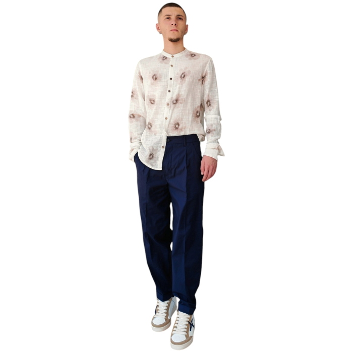 Camicia uomo IMPERIAL 100% cotone effetto lino collo koreano fantasia floreale