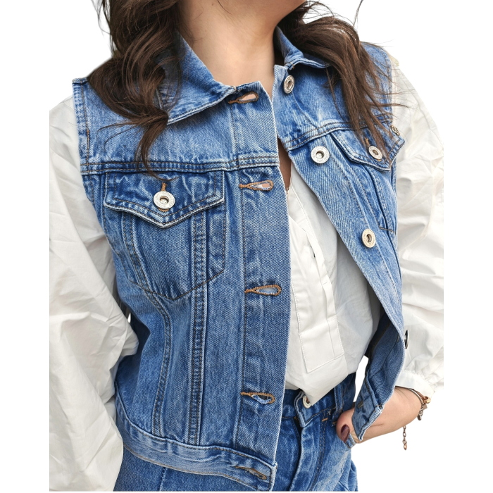 Gilet donna GIANNI LUPO jeans puro cotone con collo classico e tasche al petto