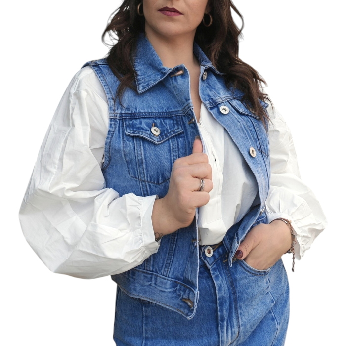 Gilet donna GIANNI LUPO jeans puro cotone con collo classico e tasche al petto