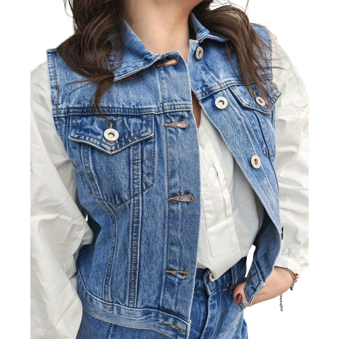 Gilet donna GIANNI LUPO jeans puro cotone con collo classico e tasche al petto
