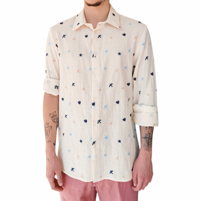 Camicia uomo IMPERIAL in puro cotone effetto lino con ricami a contrasto