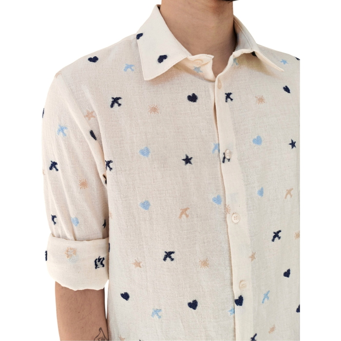 Camicia uomo IMPERIAL in puro cotone effetto lino con ricami a contrasto