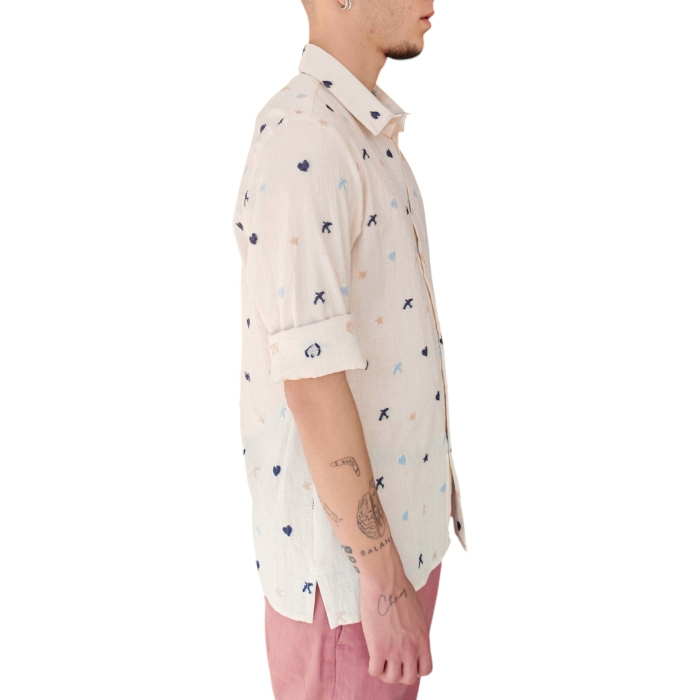 Camicia uomo IMPERIAL in puro cotone effetto lino con ricami a contrasto