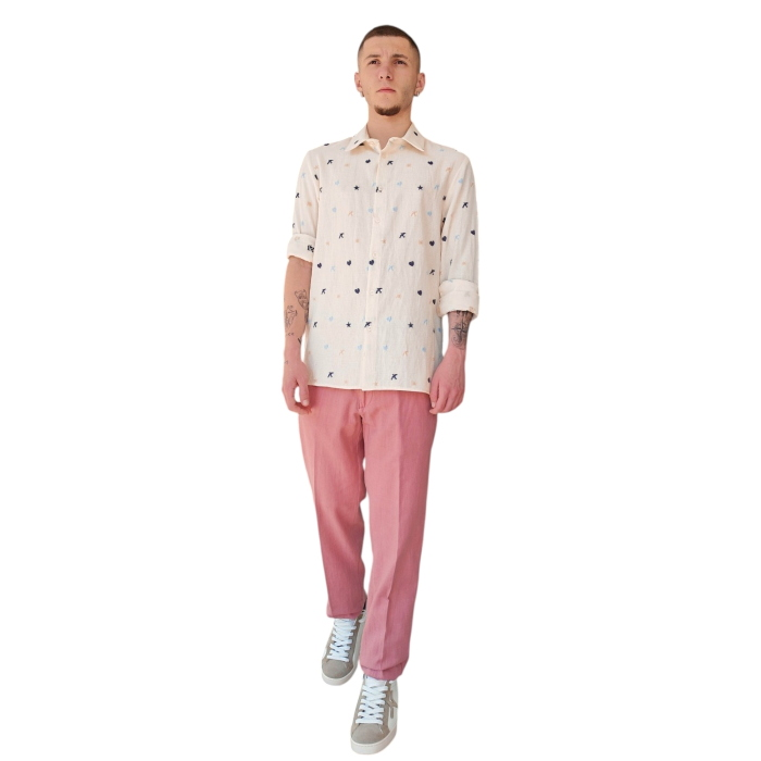 Camicia uomo IMPERIAL in puro cotone effetto lino con ricami a contrasto