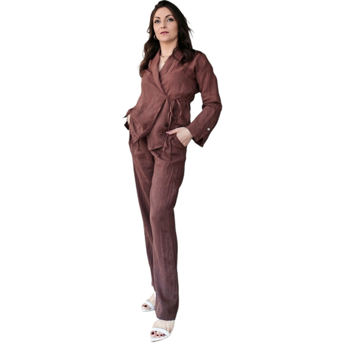 Tailleur 22.01 100% lino giacca a portafoglio con laccio e pantalone gamba dritta