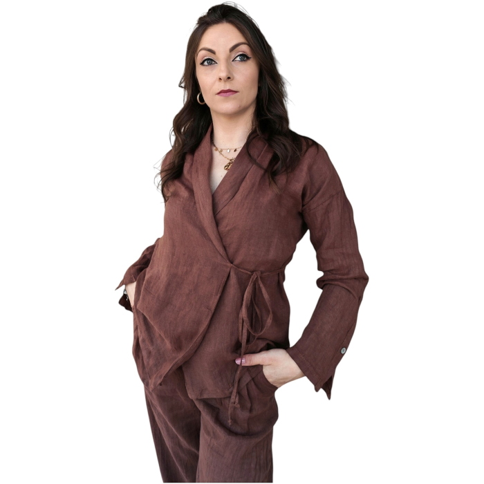 Tailleur 22.01 100% lino giacca a portafoglio con laccio e pantalone gamba dritta