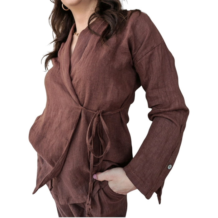 Tailleur 22.01 100% lino giacca a portafoglio con laccio e pantalone gamba dritta