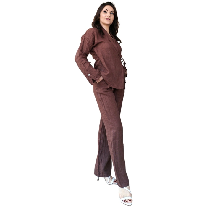 Tailleur 22.01 100% lino giacca a portafoglio con laccio e pantalone gamba dritta