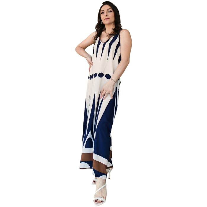 Abito donna 22.01 lungo fantasia geometrica 100% viscosa smanicato scollo a V