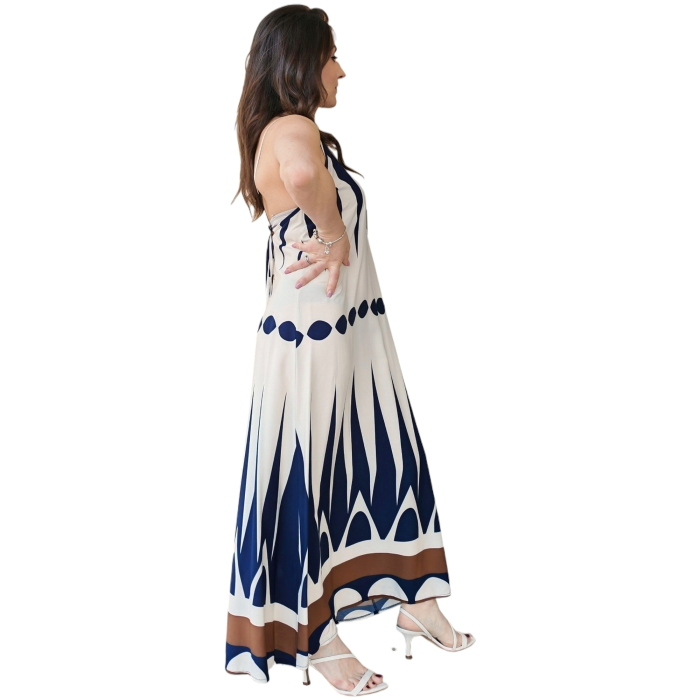 Abito donna 22.01 lungo fantasia geometrica 100% viscosa smanicato scollo a V