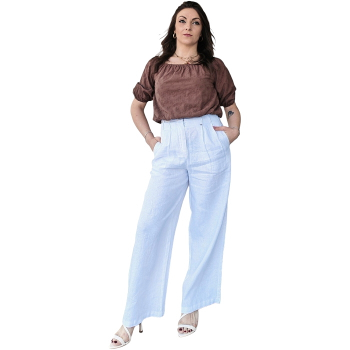 Pantalone donna GIANNI LUPO 100% lino gamba dritta pence e tasche a filetto