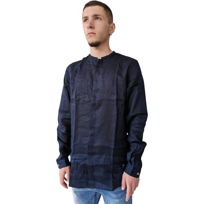 Camicia uomo BERNA 100% lino regular fit collo coreano basso bottoni nascosti