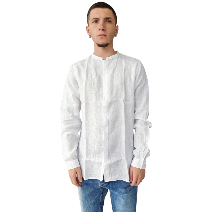 Camicia uomo BERNA 100% lino regular fit collo coreano basso bottoni nascosti