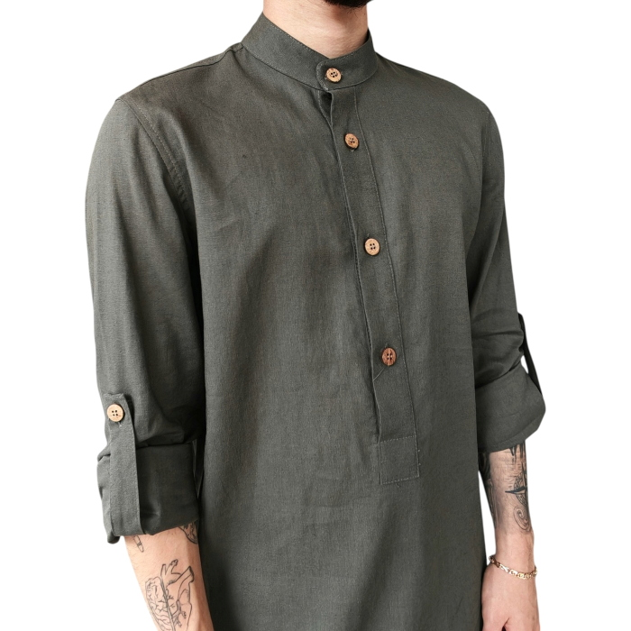 Camicia uomo IMPERIAL oversize misto lino collo koreano mezza abbottonatura