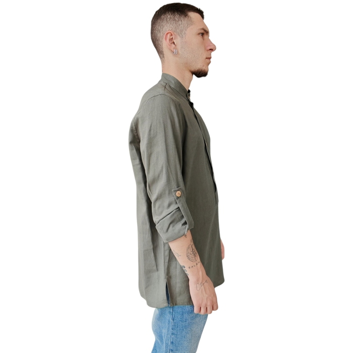Camicia uomo IMPERIAL oversize misto lino collo koreano mezza abbottonatura