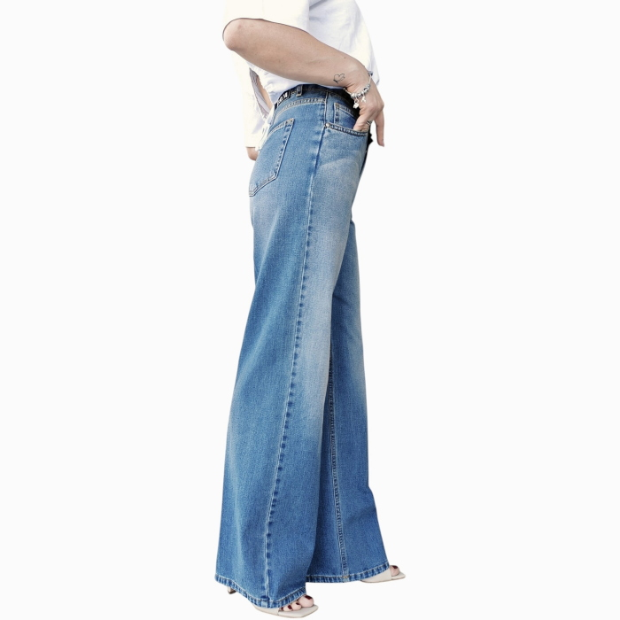 Jeans donna BERNA vita alta gamba palazzo non elasticizzato lavaggio slavato
