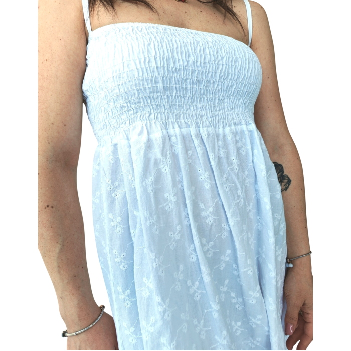   Abito donna 22.01 corto 100% cotone con corpetto elastico bretelline e ricami