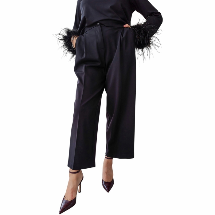 Completo donna IMPERIAL blusa con polsini piuma e pantalone palazzo