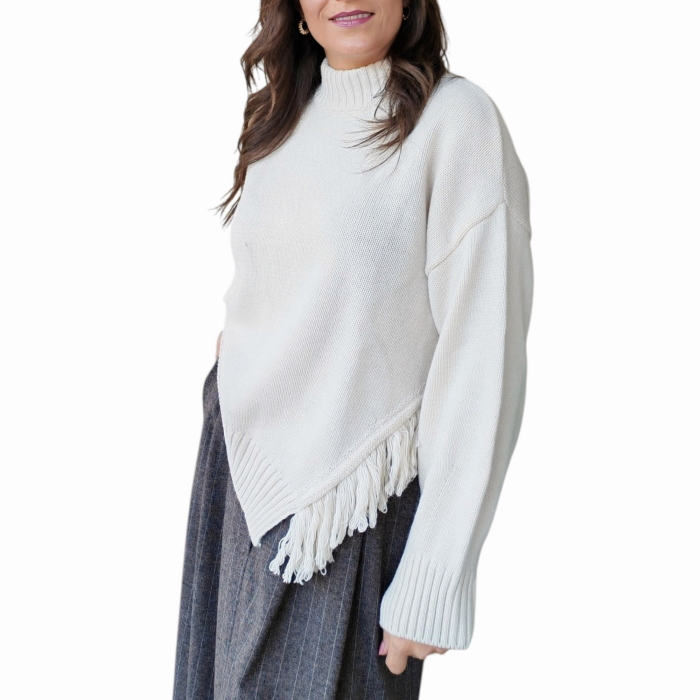 Maglia donna SAIPH loose fit misto lana/alpaca collo vulcano frange fianco orli a costine