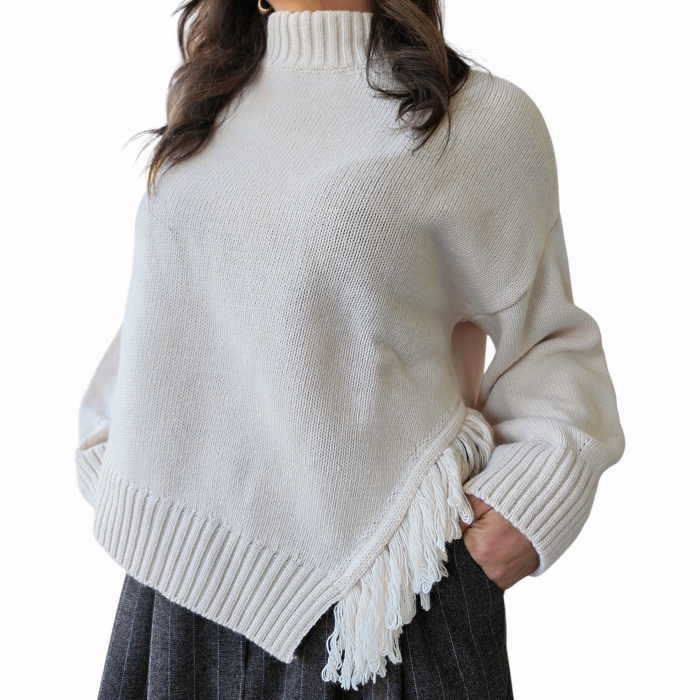 Maglia donna SAIPH loose fit misto lana/alpaca collo vulcano frange fianco orli a costine