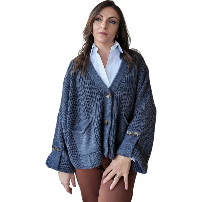 Cardigan donna SAIPH misto lana/alpaca loose fit a coste con tasche applicate e bottoni
