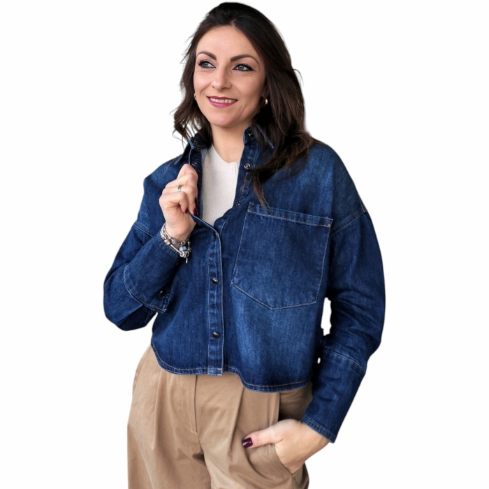 Camicia donna BERNA di jeans dark wash crop fit con maxi tasca